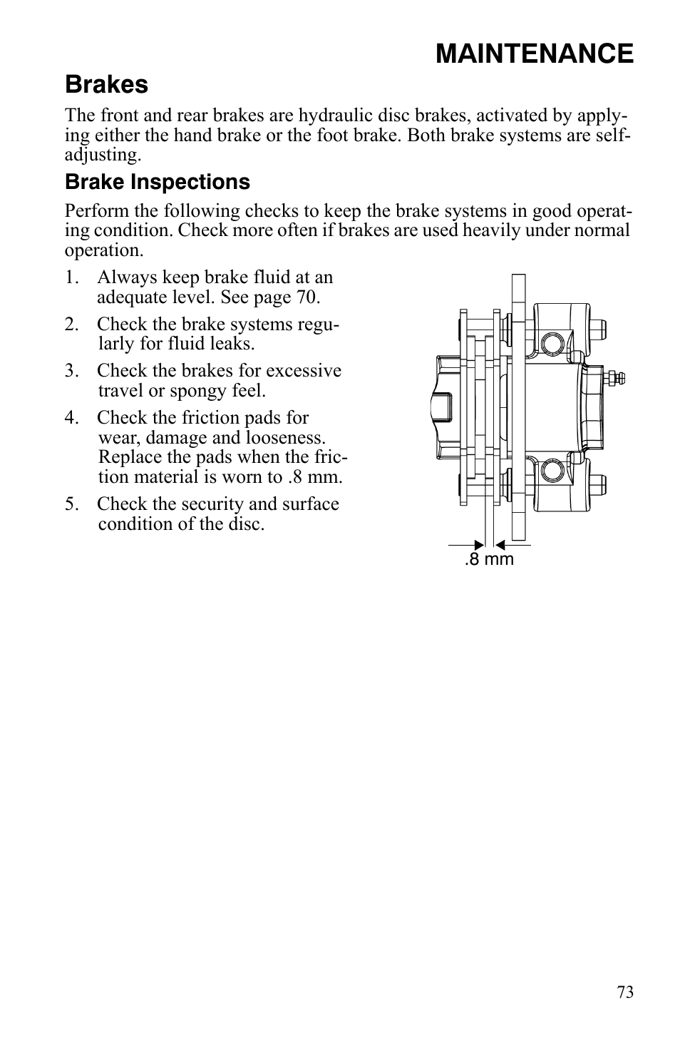 Maintenance, Brakes | Polaris Hawkeye 2x4 User Manual | Page 75 / 125