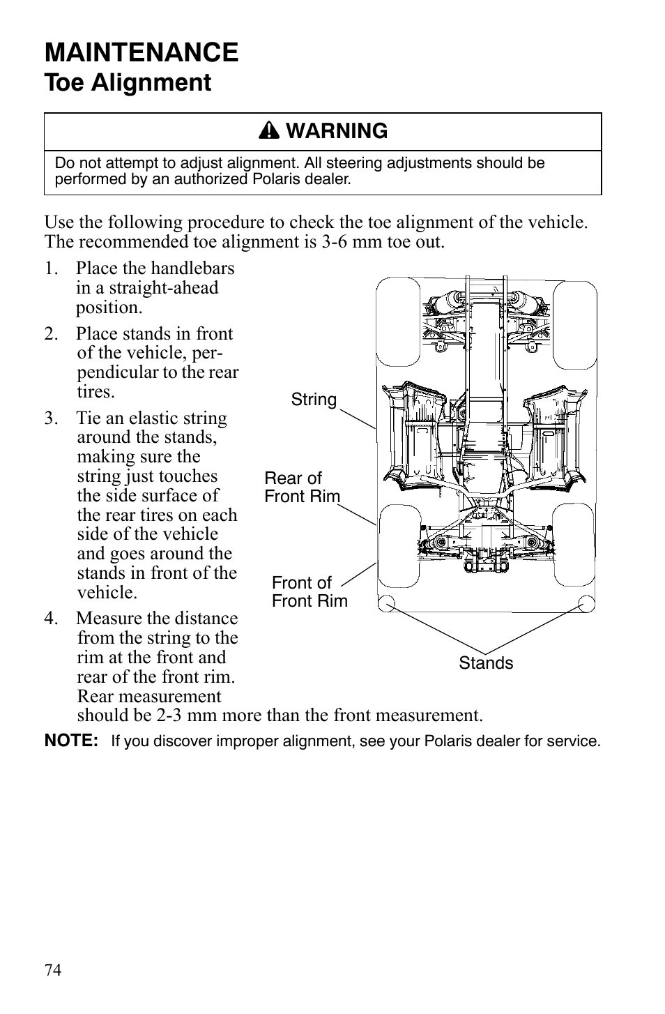 Maintenance, Toe alignment | Polaris Hawkeye 2x4 User Manual | Page 76 / 125