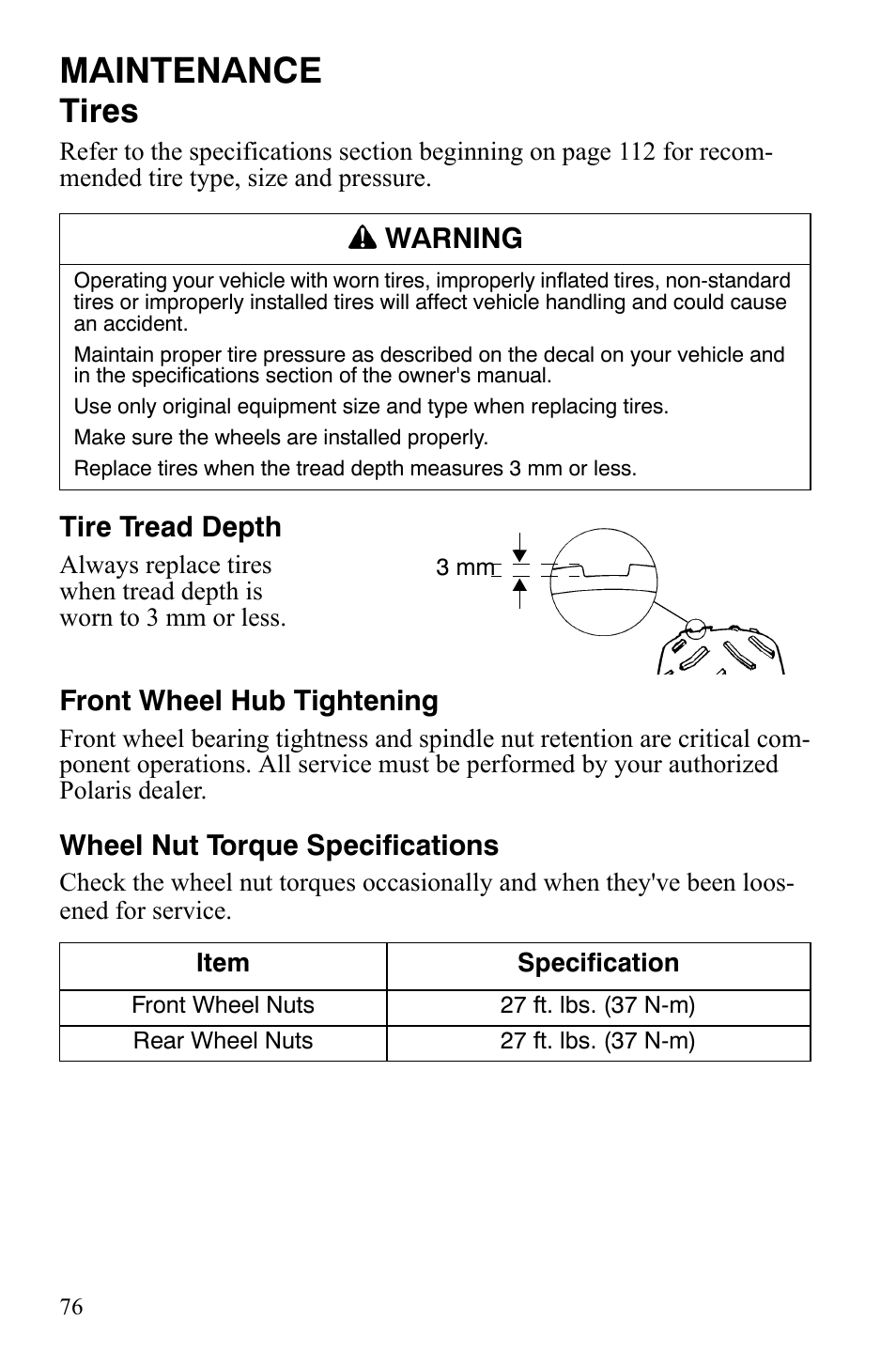 Maintenance, Tires | Polaris Hawkeye 2x4 User Manual | Page 78 / 125