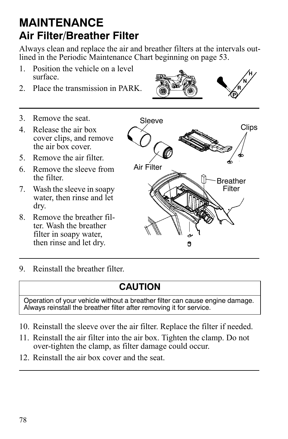 Maintenance, Air filter/breather filter | Polaris Hawkeye 2x4 User Manual | Page 80 / 125