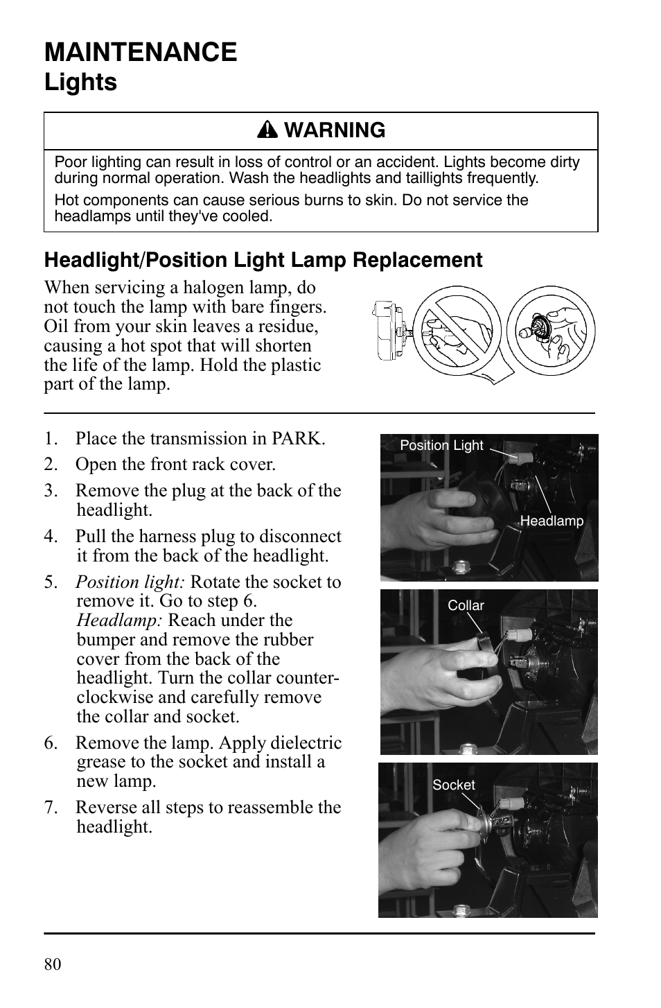 Maintenance, Lights, Headlight/position light lamp replacement | Warning | Polaris Hawkeye 2x4 User Manual | Page 82 / 125