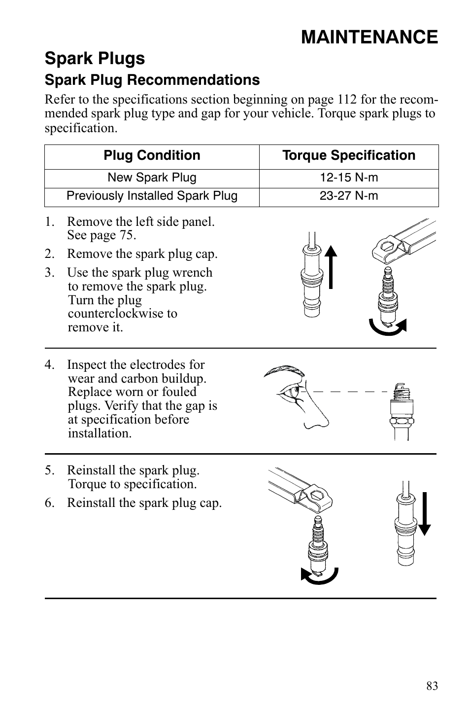 Maintenance, Spark plugs | Polaris Hawkeye 2x4 User Manual | Page 85 / 125