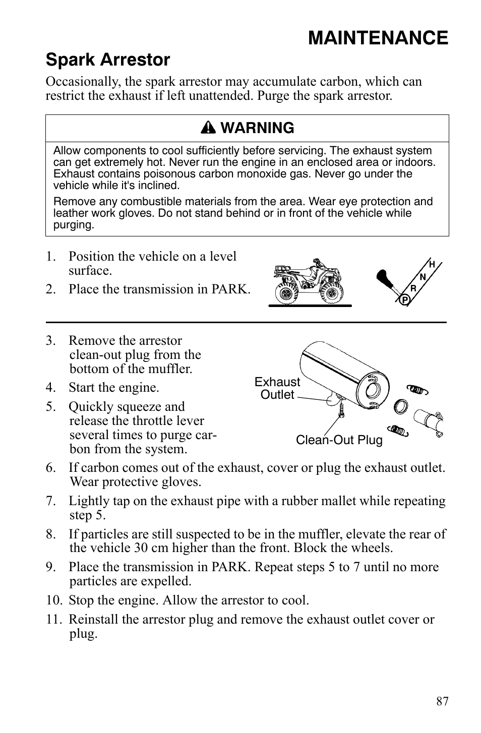 Maintenance, Spark arrestor, Warning | Polaris Hawkeye 2x4 User Manual | Page 89 / 125