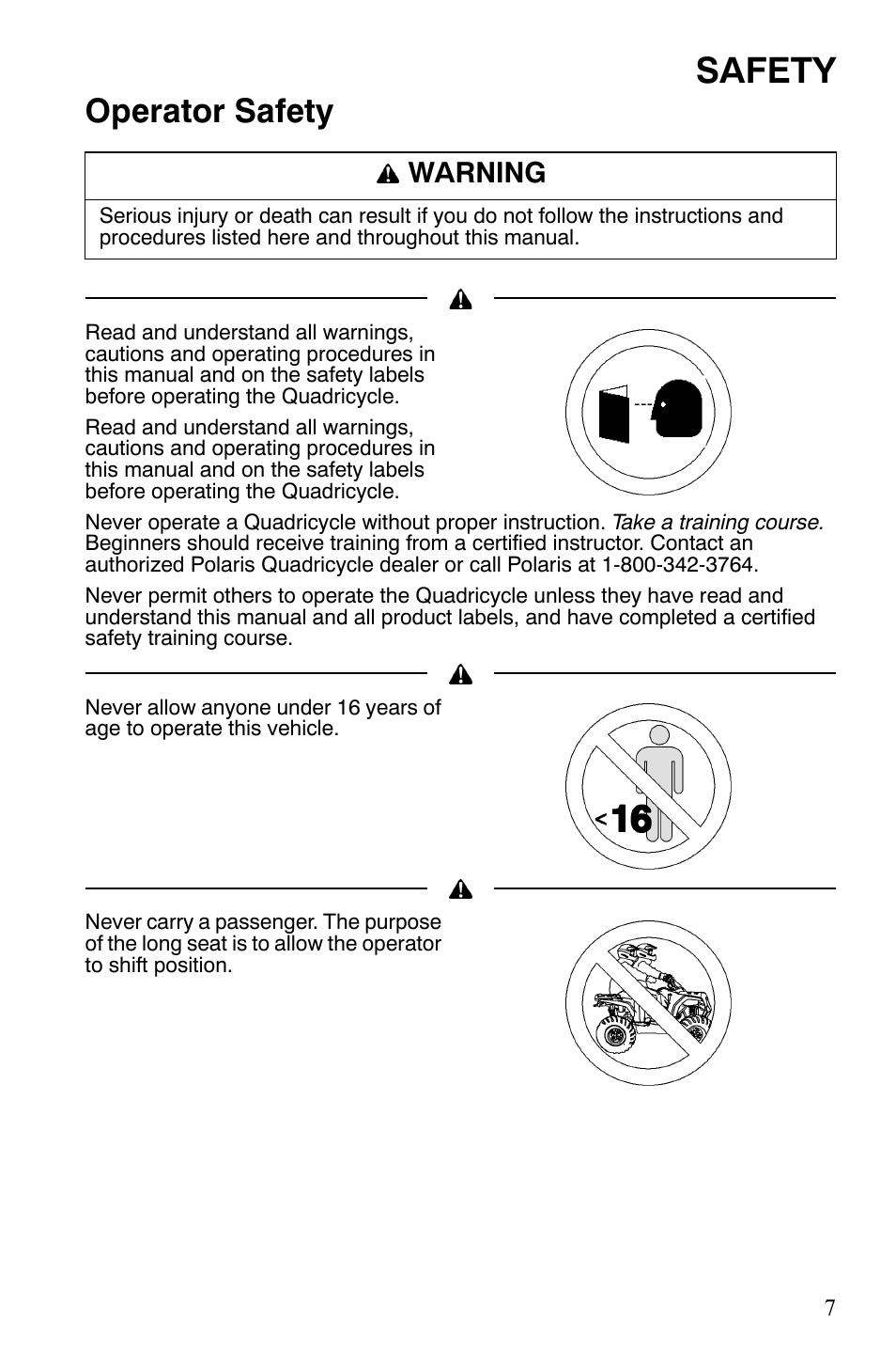 Safety, Operator safety, Warning | Polaris Hawkeye 2x4 User Manual | Page 9 / 125