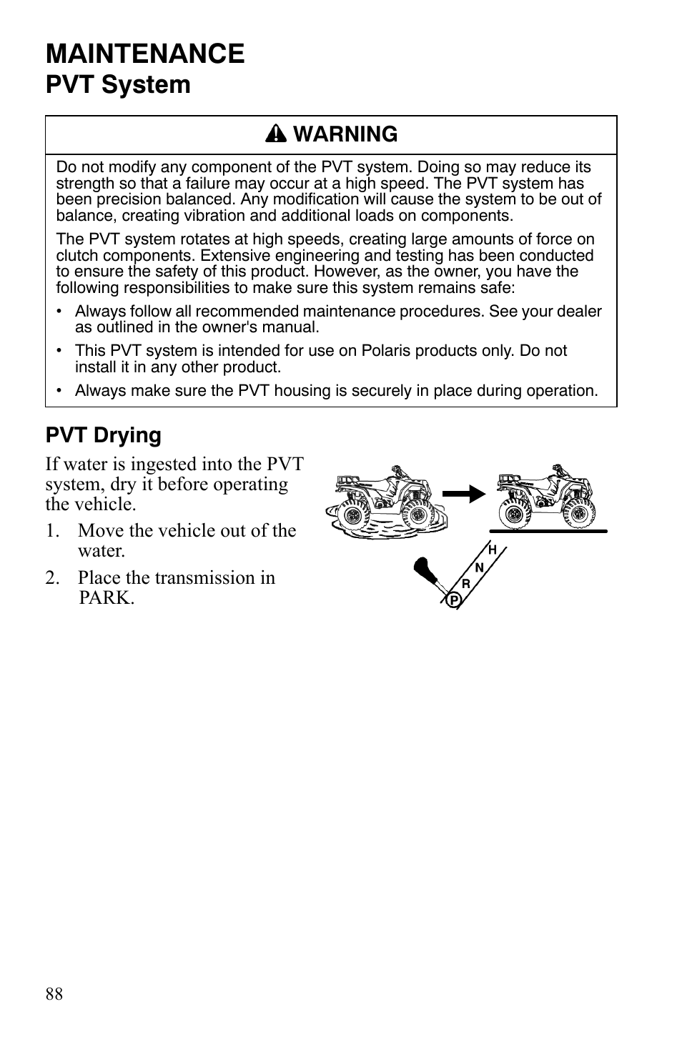 Maintenance, Pvt system, Pvt drying | Warning | Polaris Hawkeye 2x4 User Manual | Page 90 / 125