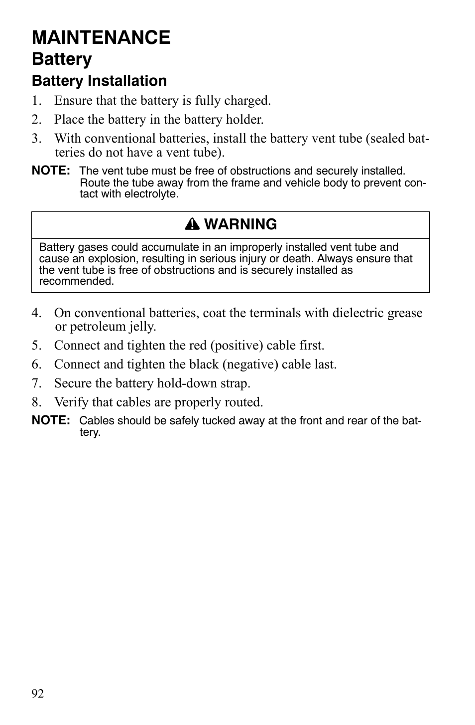 Maintenance, Battery, Battery installation | Warning | Polaris Hawkeye 2x4 User Manual | Page 94 / 125