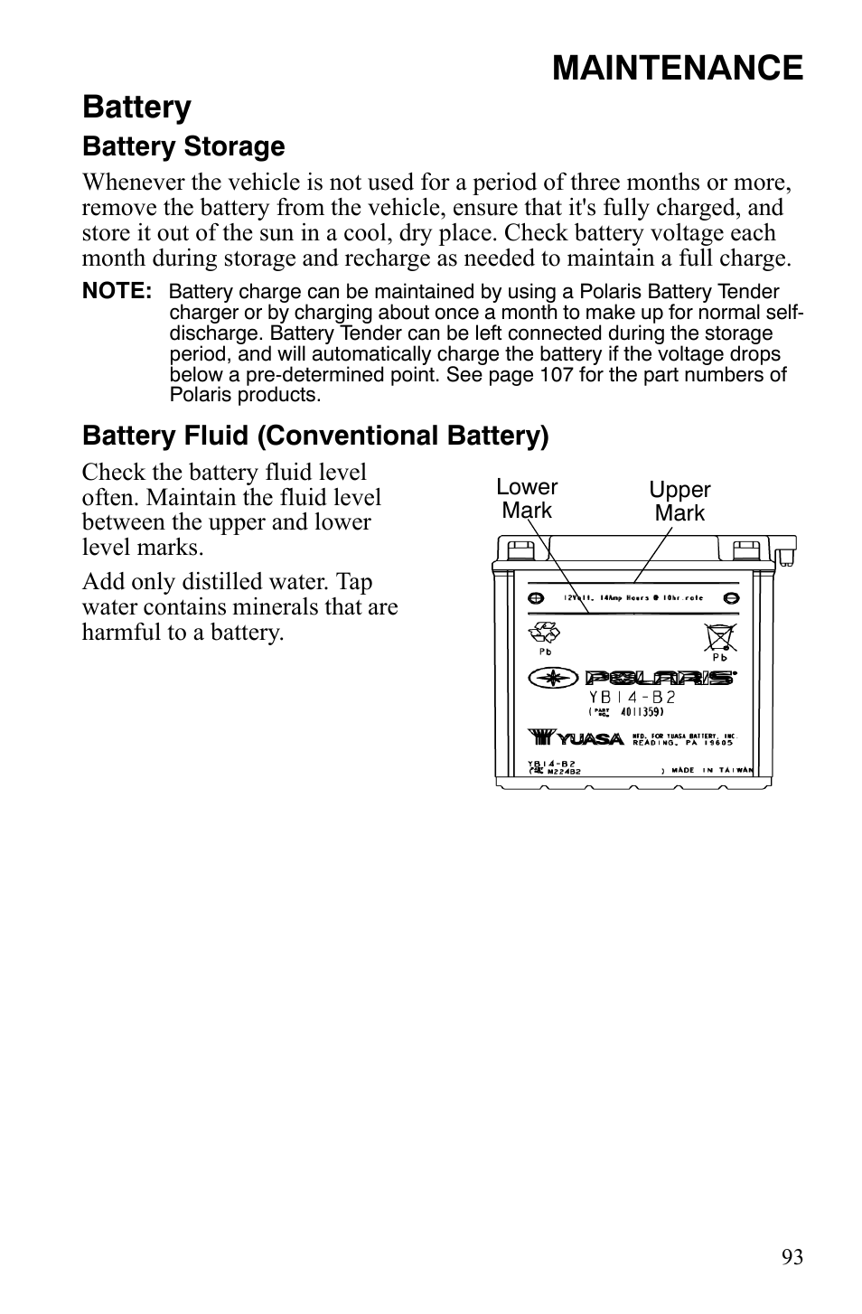 Maintenance, Battery, Battery storage | Battery fluid (conventional battery) | Polaris Hawkeye 2x4 User Manual | Page 95 / 125