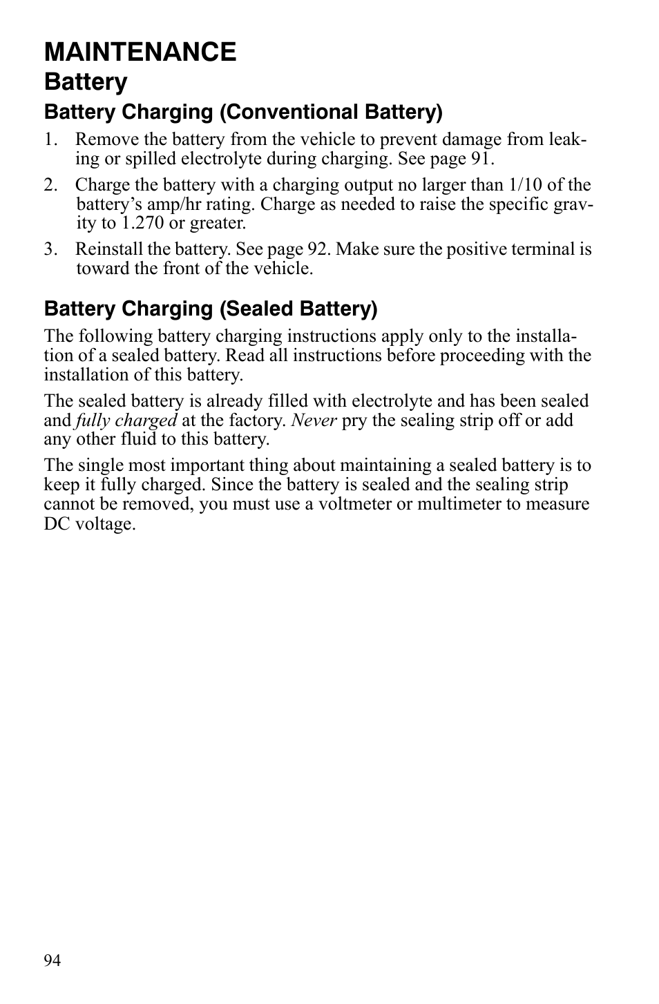 Maintenance, Battery | Polaris Hawkeye 2x4 User Manual | Page 96 / 125