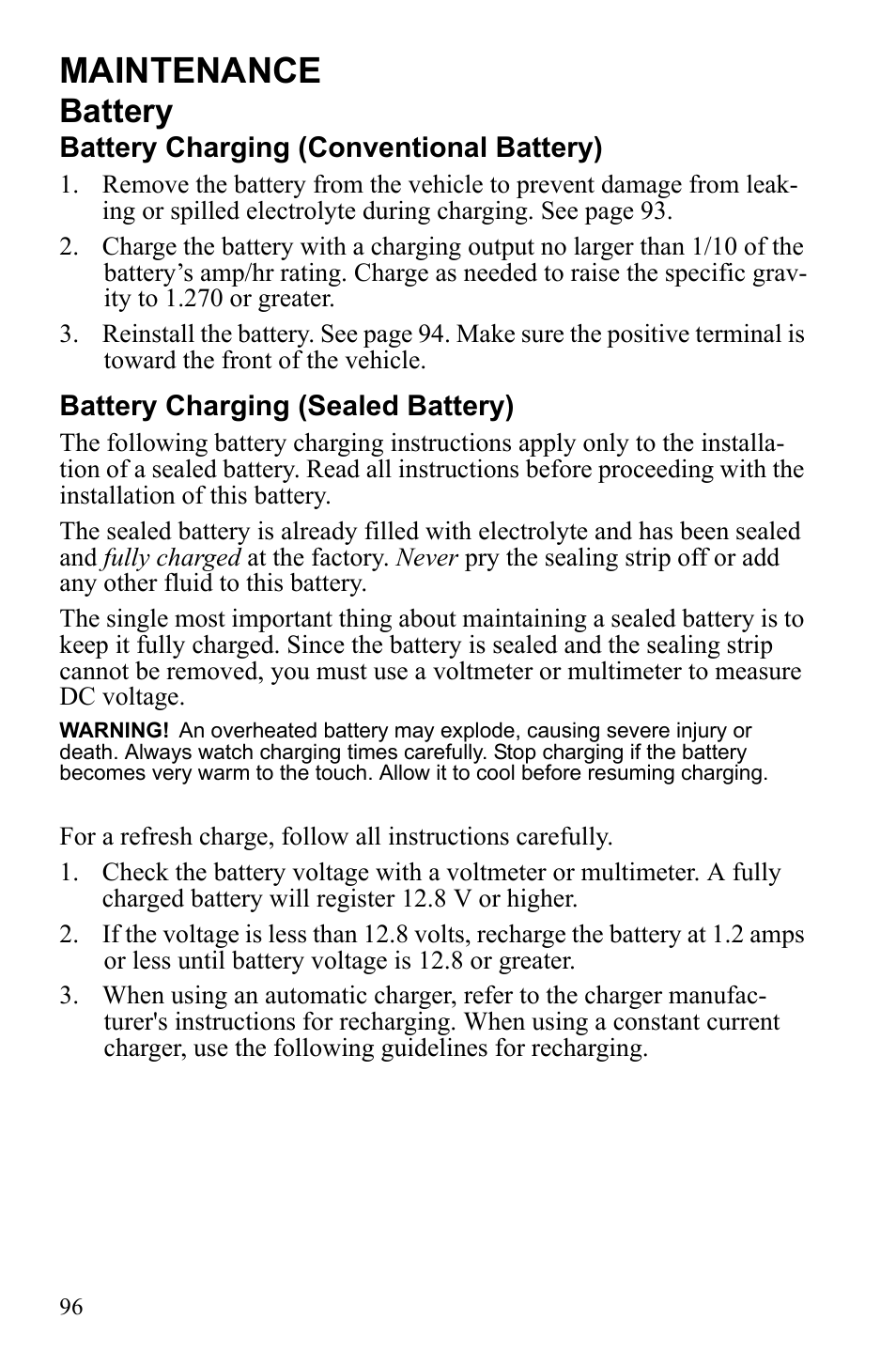 Maintenance, Battery | Polaris Sportsman 9922242 User Manual | Page 100 / 133