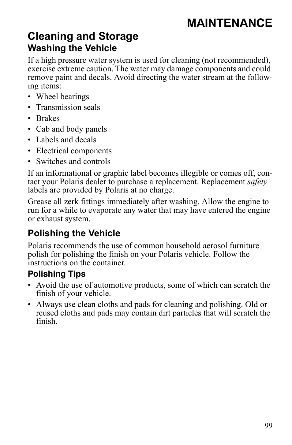 Maintenance, Cleaning and storage | Polaris Sportsman 9922242 User Manual | Page 103 / 133