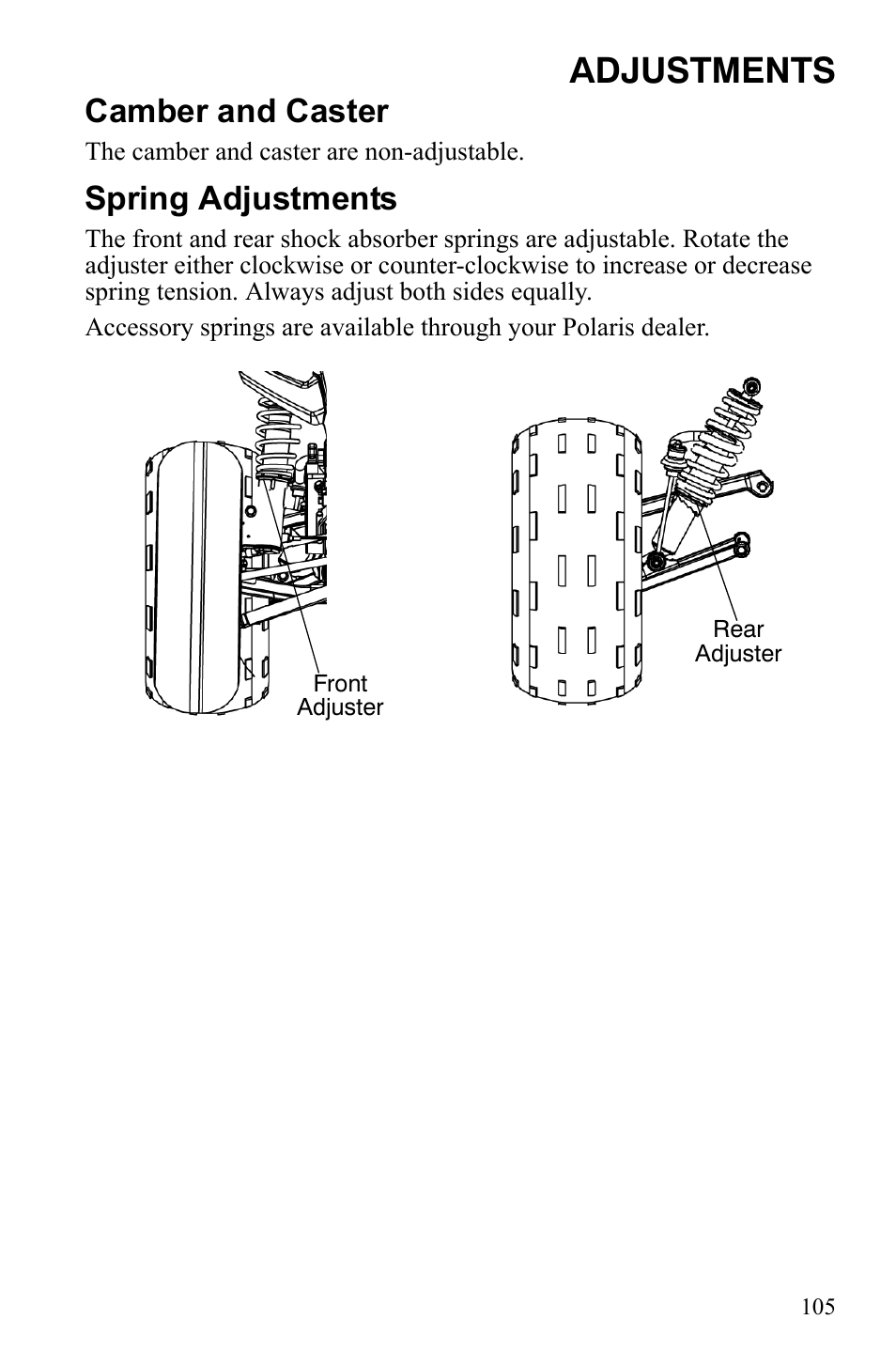 Adjustments, Camber and caster, Spring adjustments | Polaris Sportsman 9922242 User Manual | Page 109 / 133