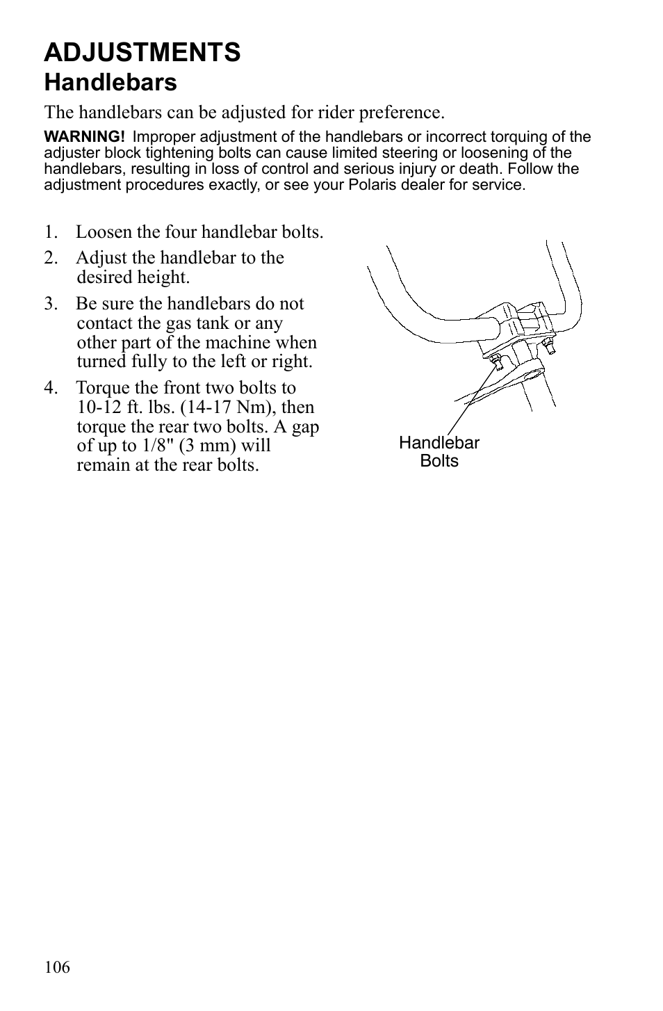 Adjustments, Handlebars | Polaris Sportsman 9922242 User Manual | Page 110 / 133