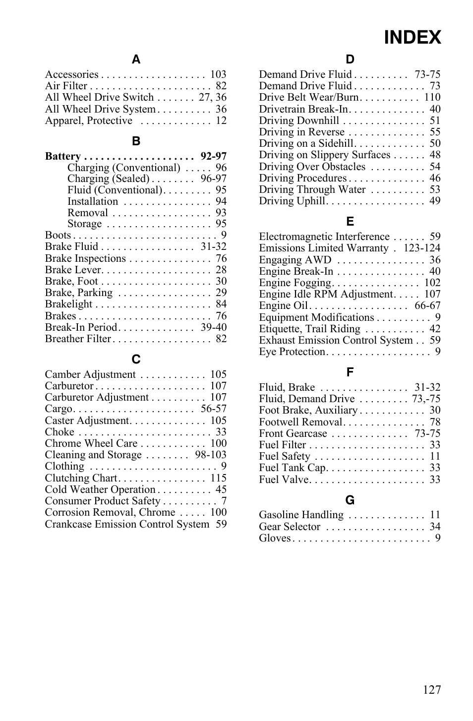 Index | Polaris Sportsman 9922242 User Manual | Page 131 / 133