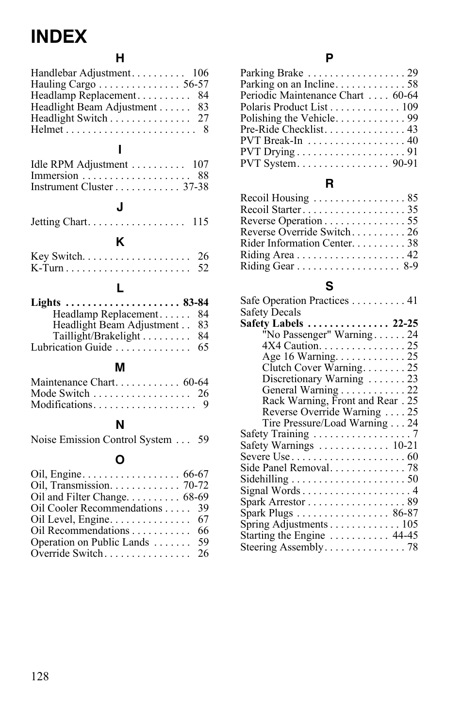 Index | Polaris Sportsman 9922242 User Manual | Page 132 / 133