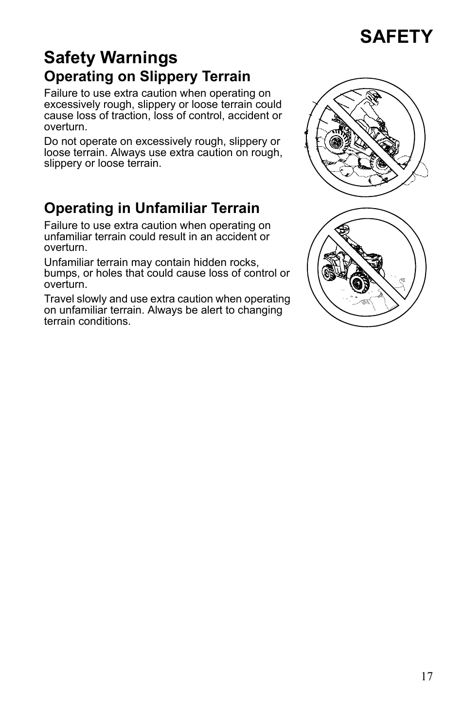 Safety, Safety warnings, Operating on slippery terrain | Operating in unfamiliar terrain | Polaris Sportsman 9922242 User Manual | Page 21 / 133