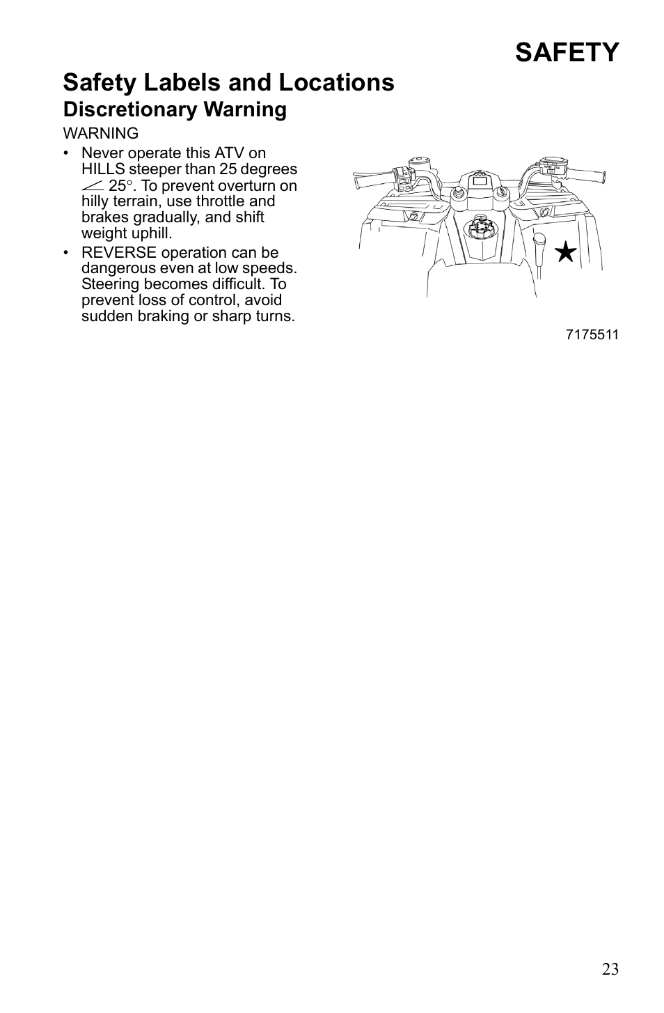 Safety, Safety labels and locations, Discretionary warning | Polaris Sportsman 9922242 User Manual | Page 27 / 133