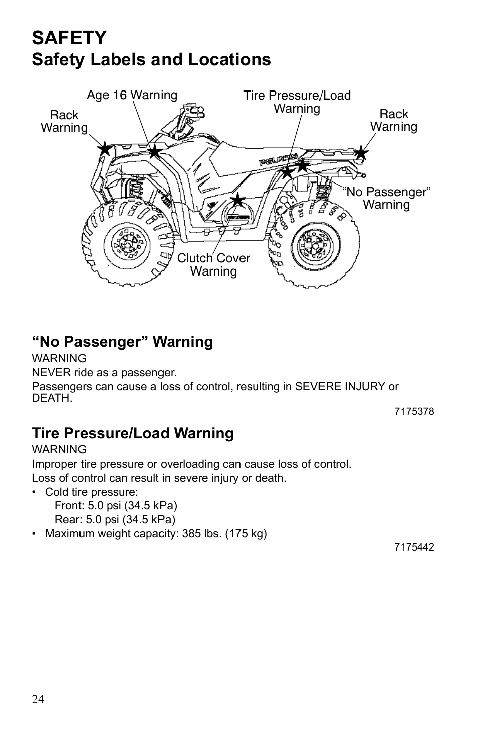 Safety, Safety labels and locations | Polaris Sportsman 9922242 User Manual | Page 28 / 133