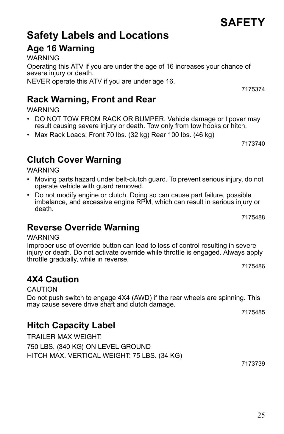 Safety, Safety labels and locations, Age 16 warning | Rack warning, front and rear, Clutch cover warning, Reverse override warning, 4x4 caution, Hitch capacity label | Polaris Sportsman 9922242 User Manual | Page 29 / 133