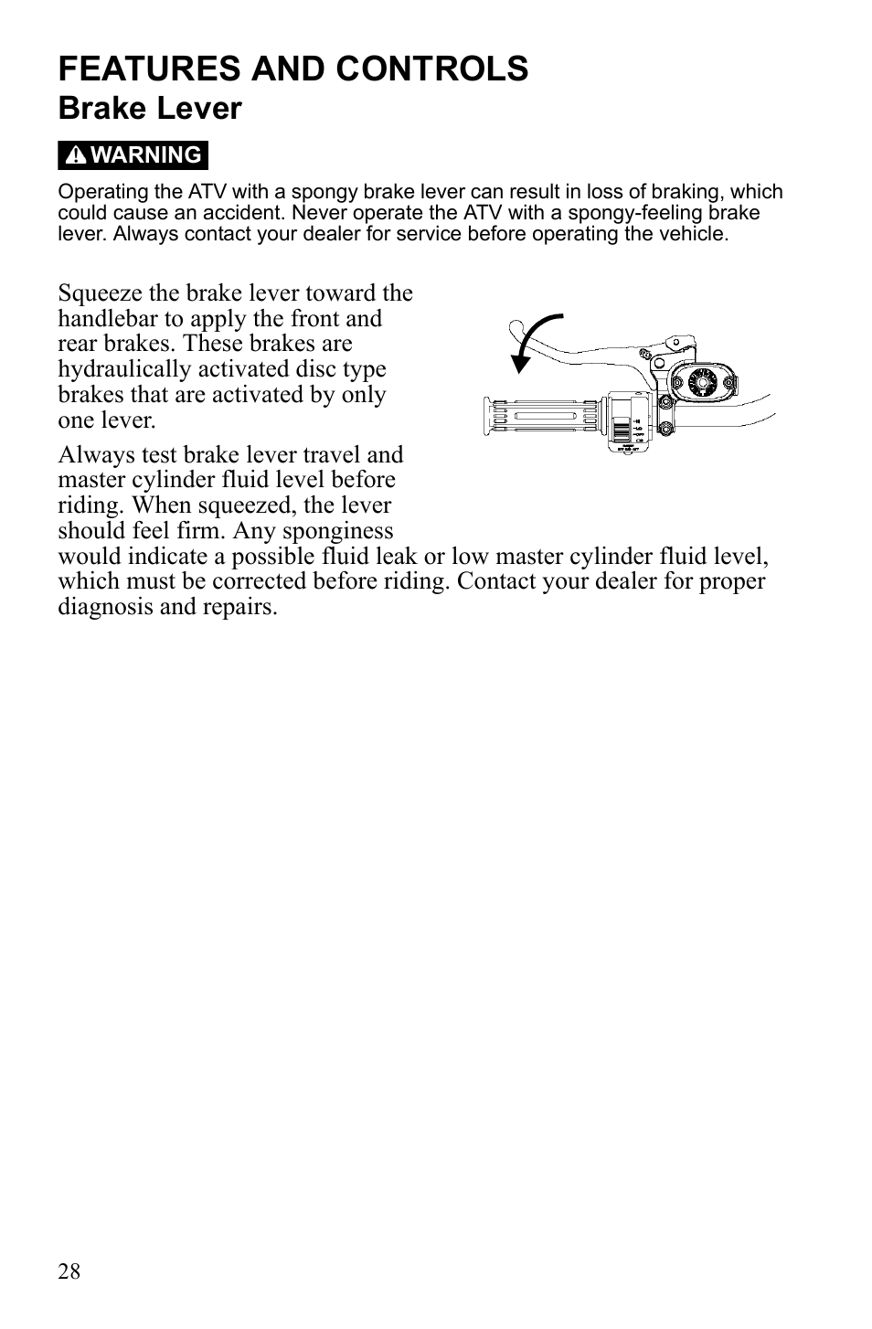Features and controls, Brake lever | Polaris Sportsman 9922242 User Manual | Page 32 / 133