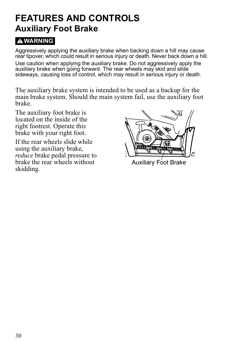 Features and controls, Auxiliary foot brake | Polaris Sportsman 9922242 User Manual | Page 34 / 133