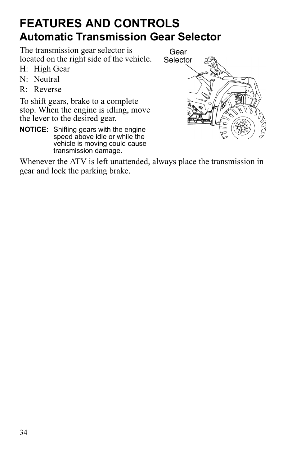 Features and controls, Automatic transmission gear selector | Polaris Sportsman 9922242 User Manual | Page 38 / 133