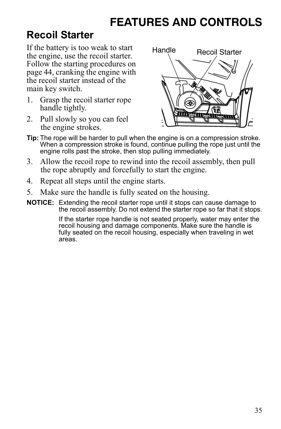 Features and controls, Recoil starter | Polaris Sportsman 9922242 User Manual | Page 39 / 133