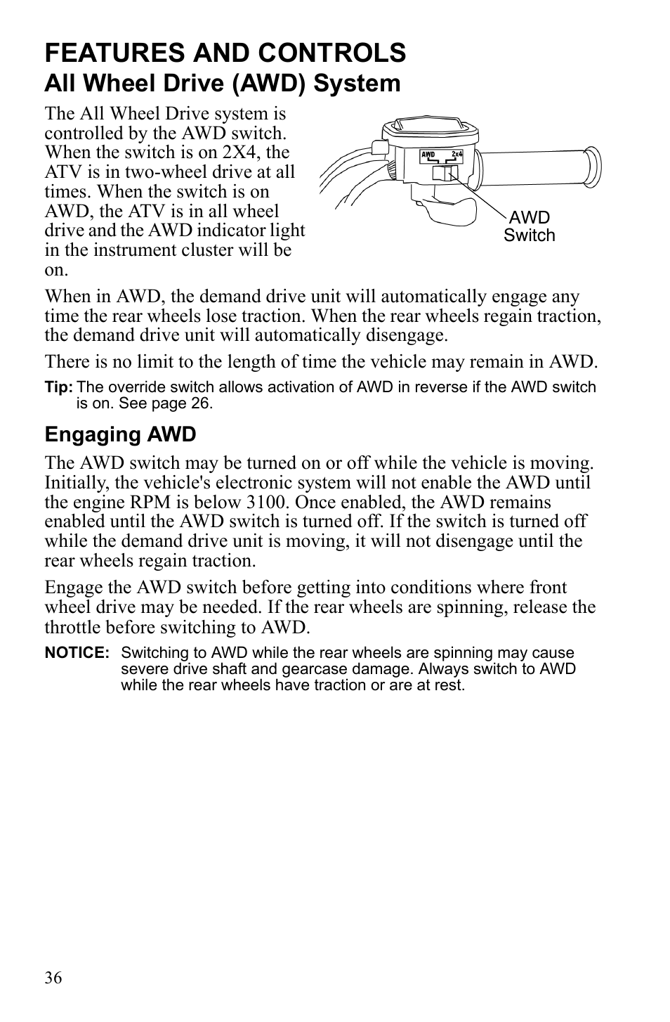 Features and controls, All wheel drive (awd) system | Polaris Sportsman 9922242 User Manual | Page 40 / 133