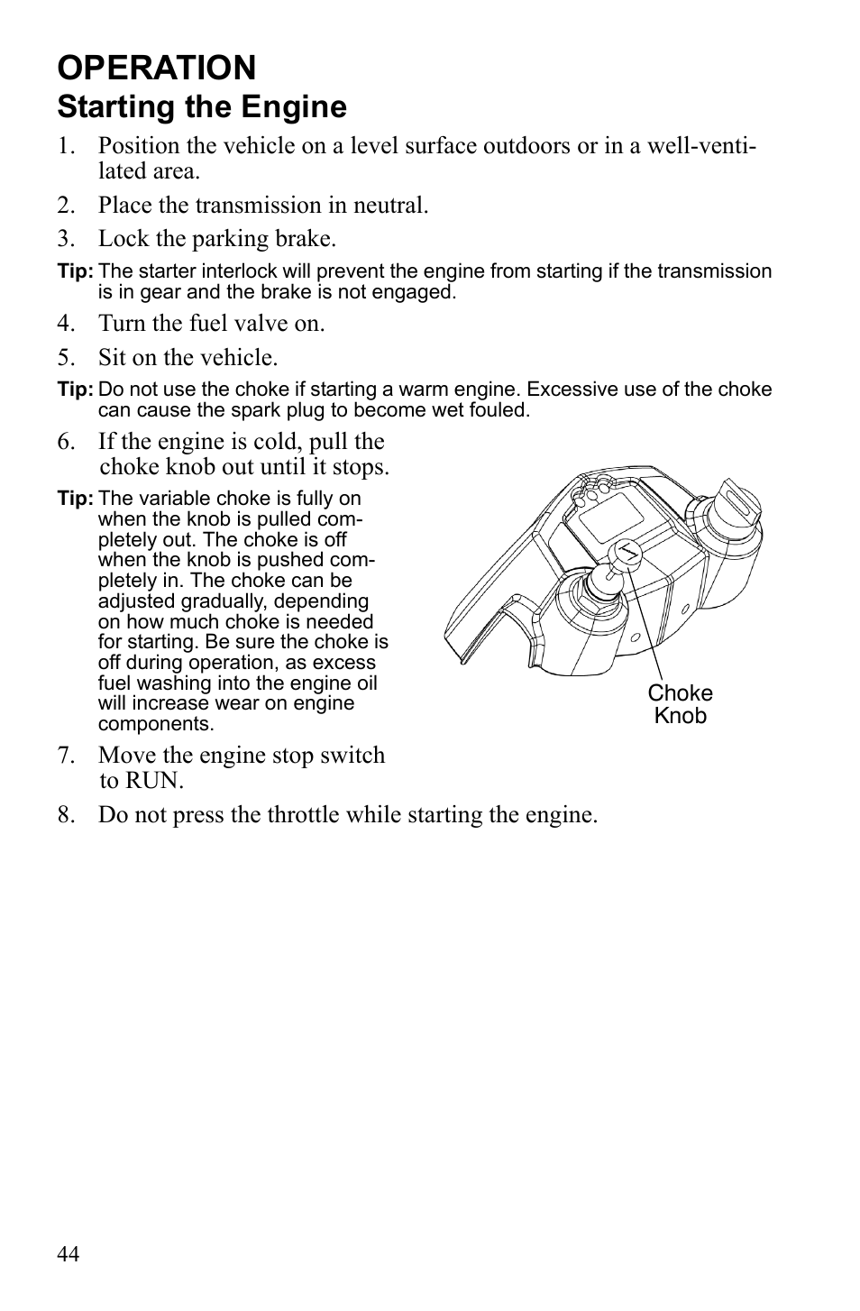 Operation, Starting the engine | Polaris Sportsman 9922242 User Manual | Page 48 / 133