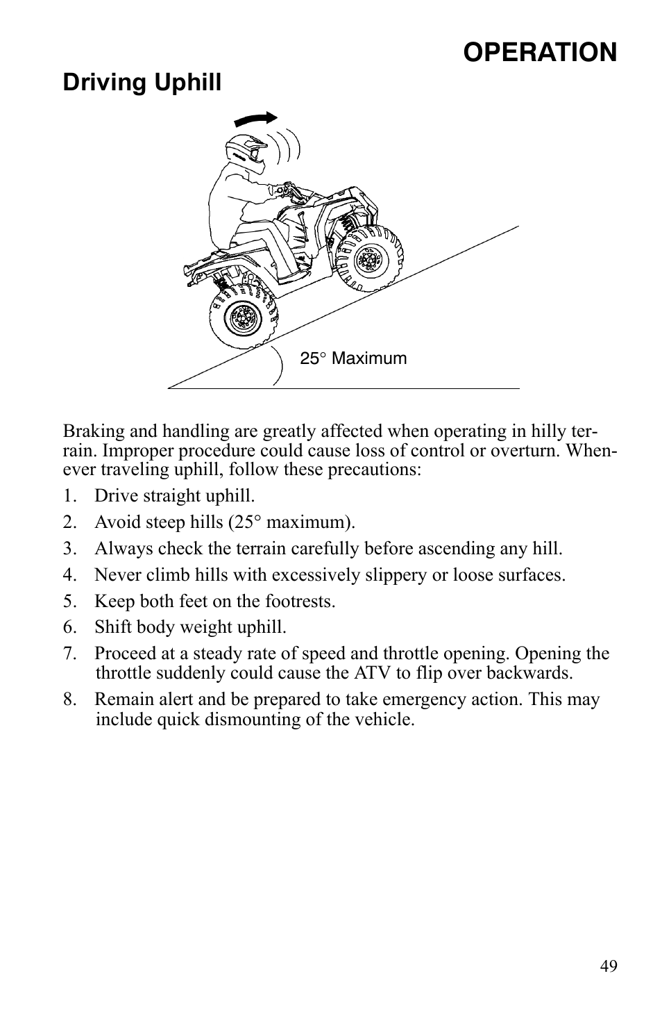 Operation, Driving uphill | Polaris Sportsman 9922242 User Manual | Page 53 / 133