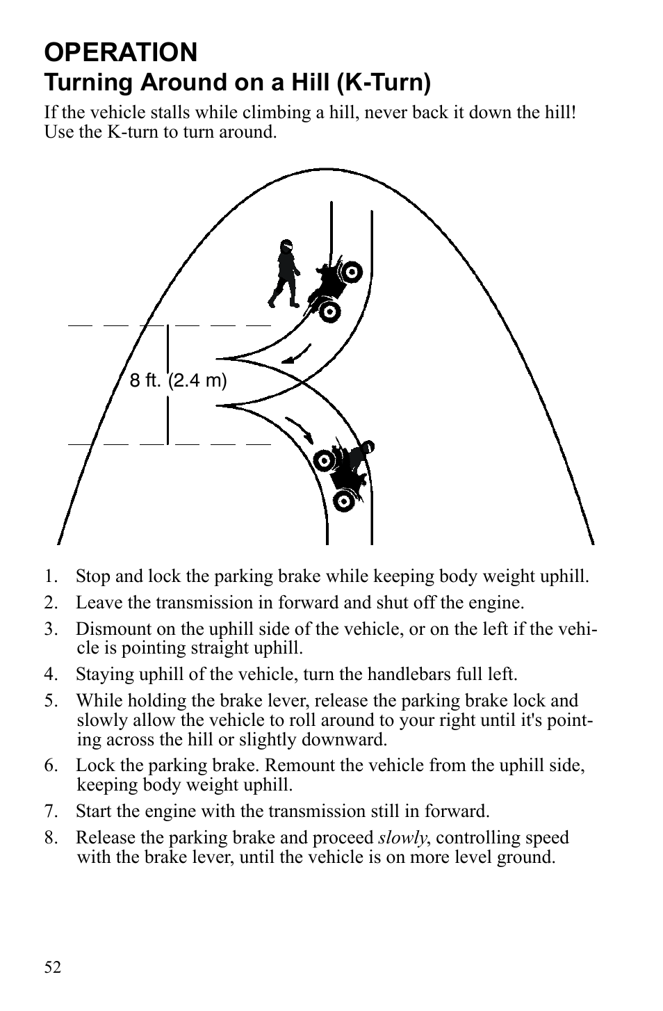 Operation, Turning around on a hill (k-turn) | Polaris Sportsman 9922242 User Manual | Page 56 / 133