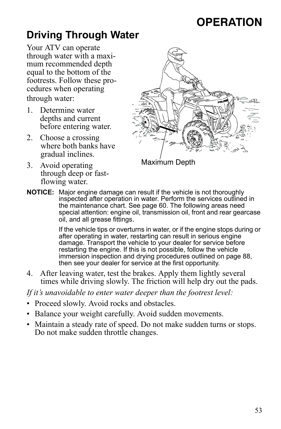 Operation, Driving through water | Polaris Sportsman 9922242 User Manual | Page 57 / 133