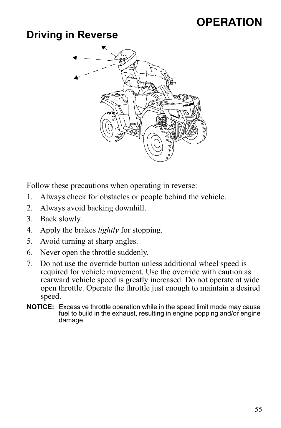 Operation, Driving in reverse | Polaris Sportsman 9922242 User Manual | Page 59 / 133