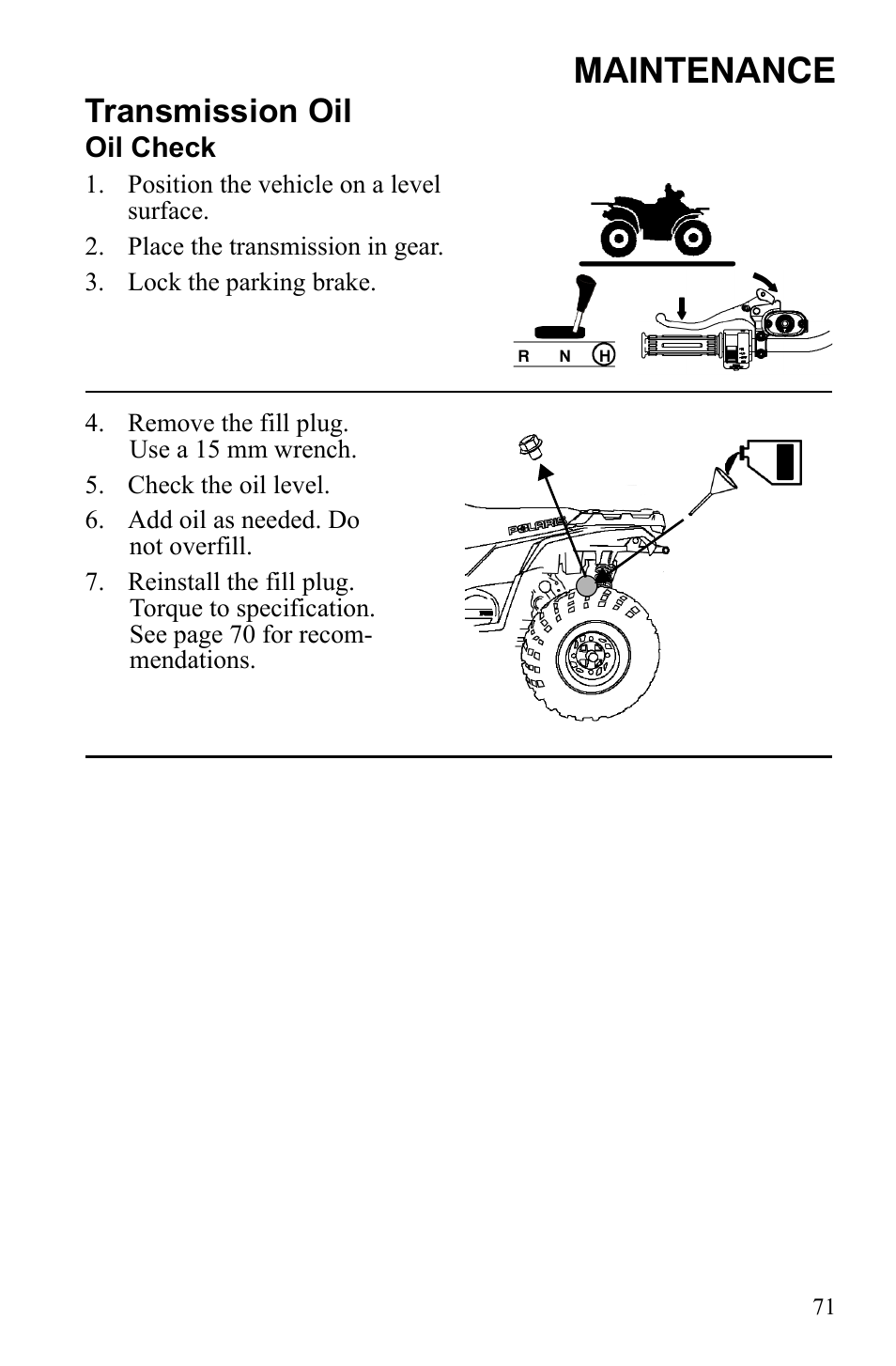 Maintenance, Transmission oil | Polaris Sportsman 9922242 User Manual | Page 75 / 133