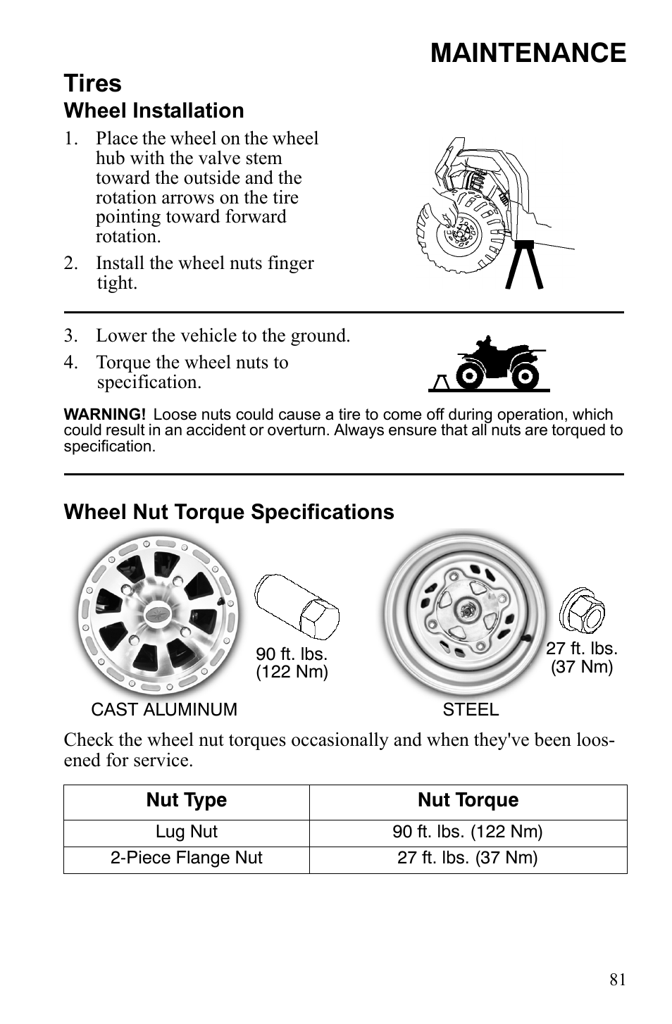 Maintenance, Tires | Polaris Sportsman 9922242 User Manual | Page 85 / 133