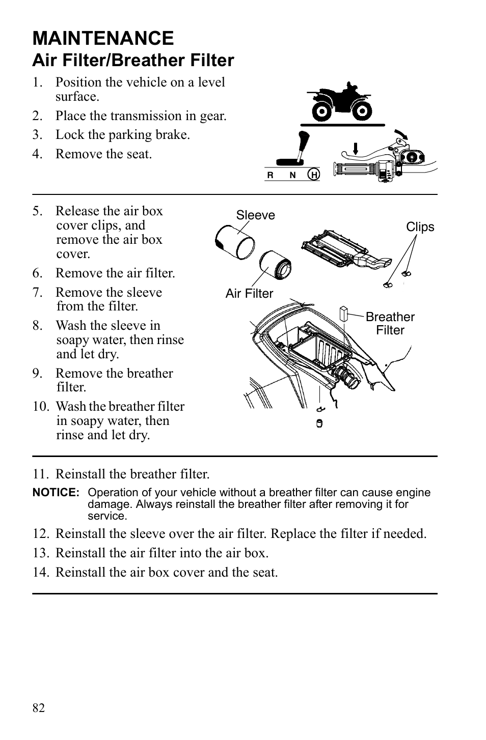 Maintenance, Air filter/breather filter | Polaris Sportsman 9922242 User Manual | Page 86 / 133