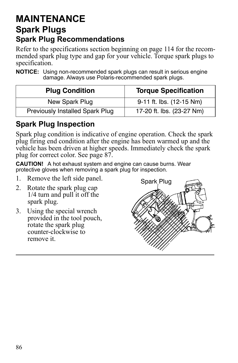 Maintenance, Spark plugs | Polaris Sportsman 9922242 User Manual | Page 90 / 133