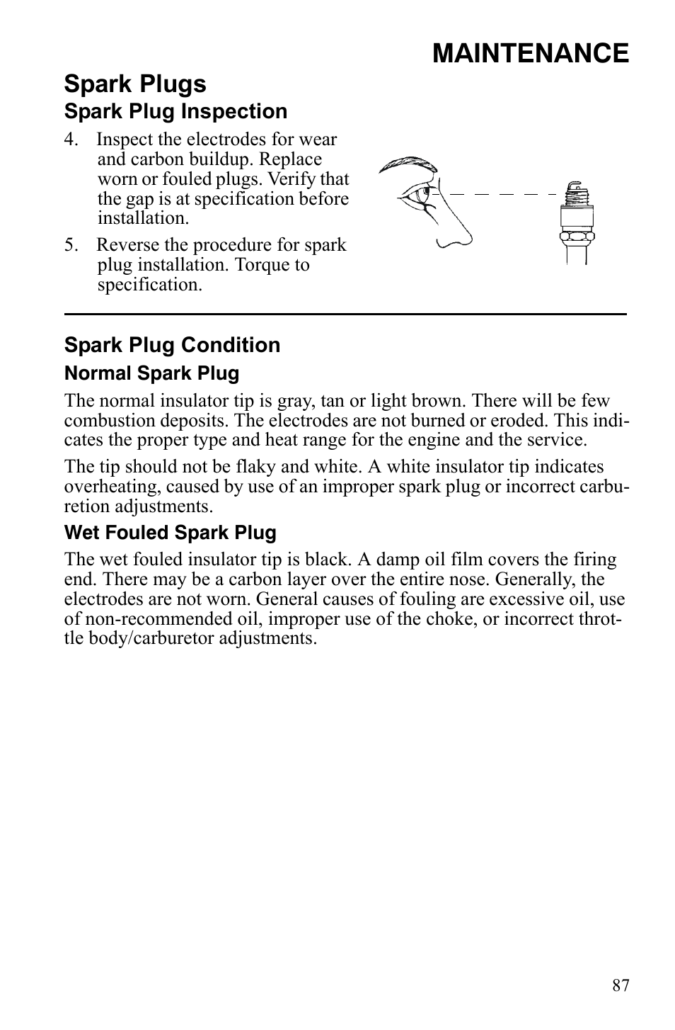 Maintenance, Spark plugs | Polaris Sportsman 9922242 User Manual | Page 91 / 133