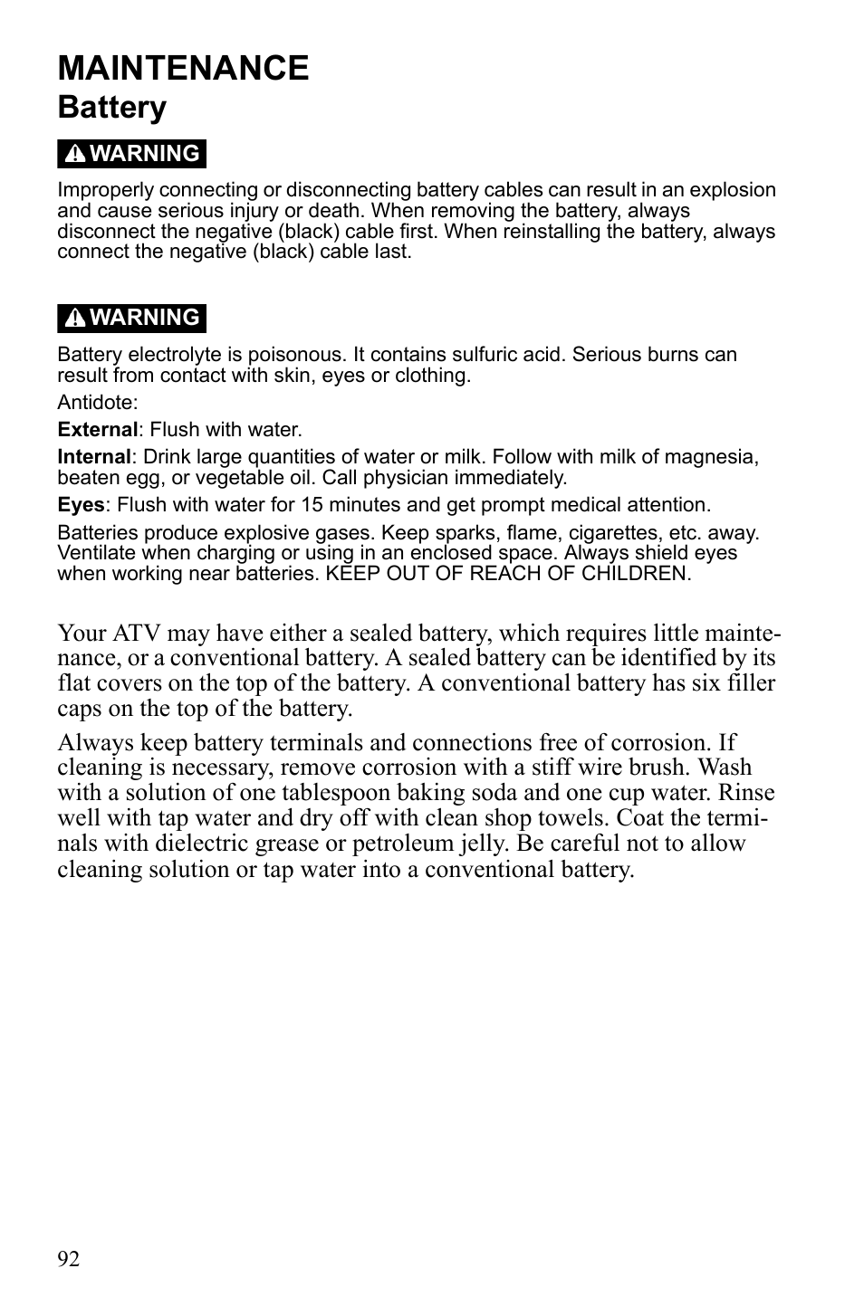 Maintenance, Battery | Polaris Sportsman 9922242 User Manual | Page 96 / 133