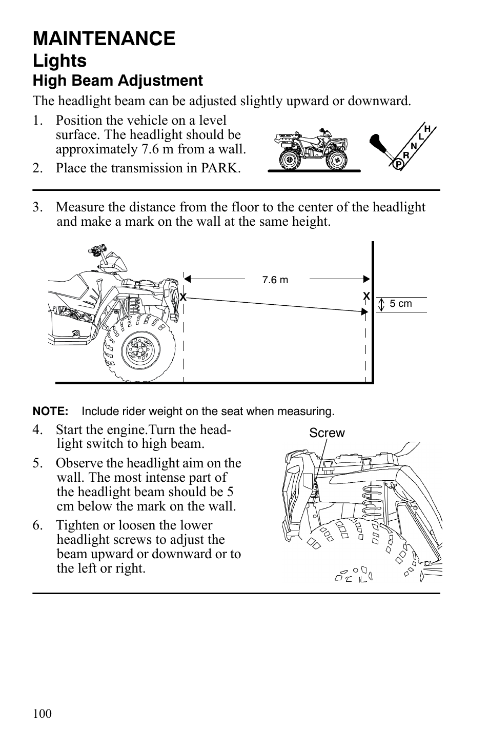 Maintenance, Lights, High beam adjustment | Polaris Sportsman 9921848 User Manual | Page 101 / 142