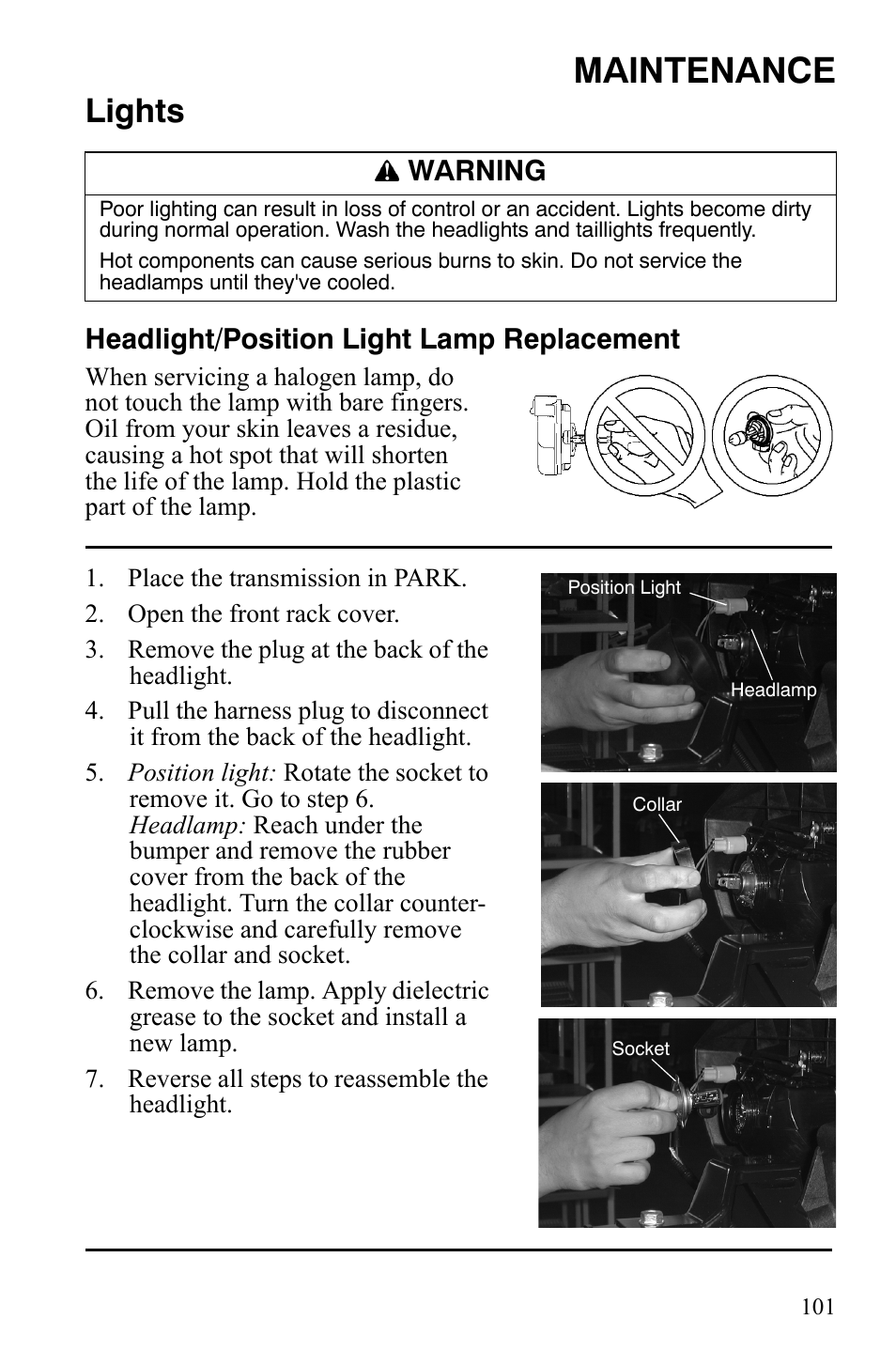 Maintenance, Lights, Headlight/position light lamp replacement | Warning | Polaris Sportsman 9921848 User Manual | Page 102 / 142