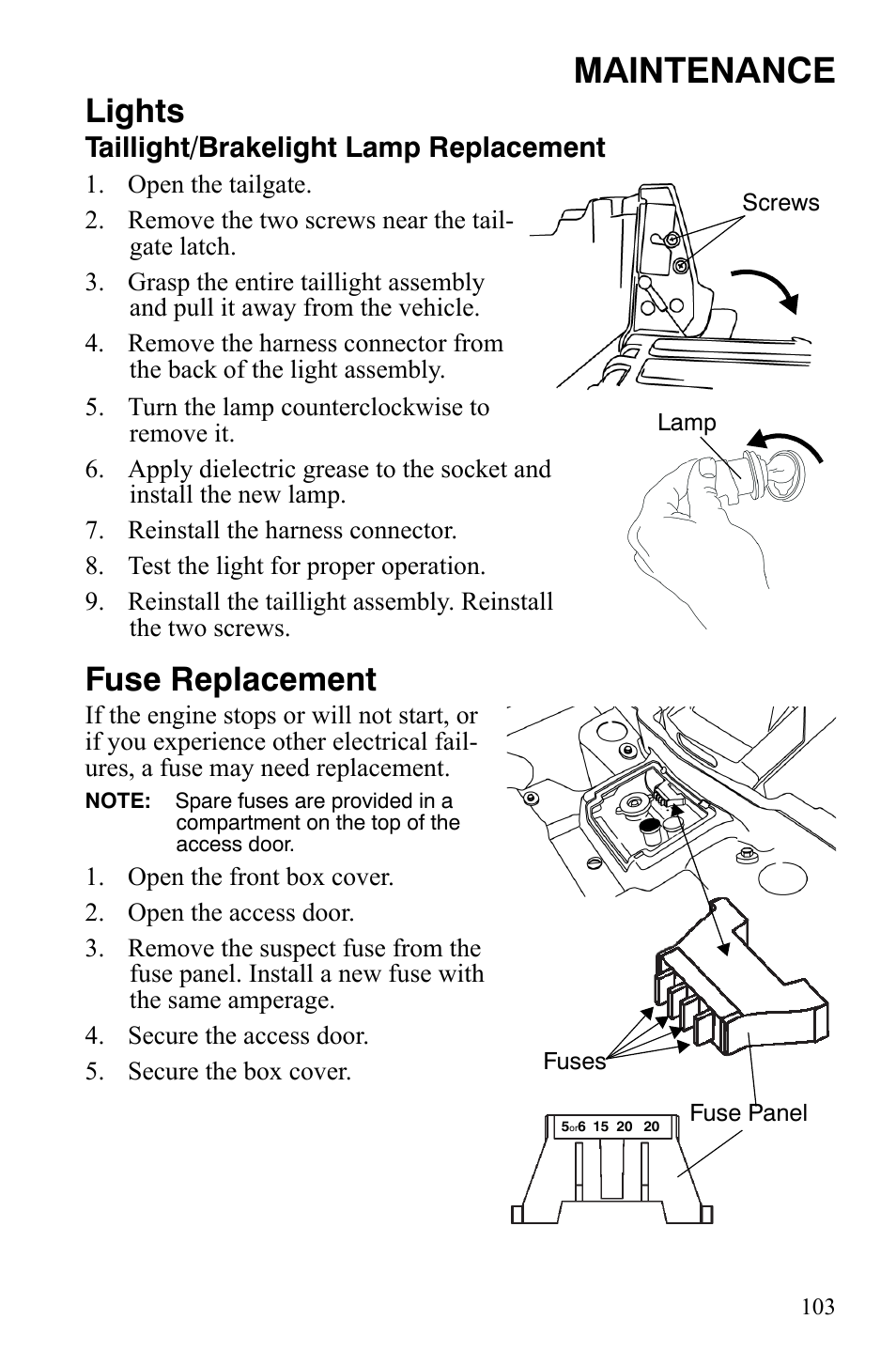 Maintenance, Lights, Fuse replacement | Taillight/brakelight lamp replacement | Polaris Sportsman 9921848 User Manual | Page 104 / 142