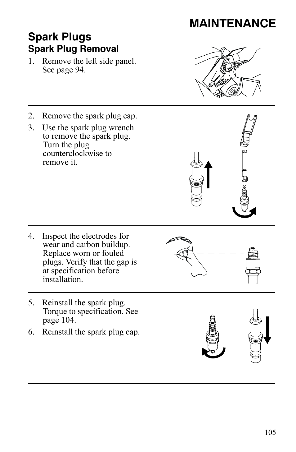 Maintenance, Spark plugs | Polaris Sportsman 9921848 User Manual | Page 106 / 142