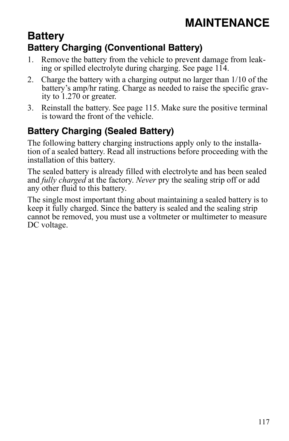 Maintenance, Battery | Polaris Sportsman 9921848 User Manual | Page 118 / 142