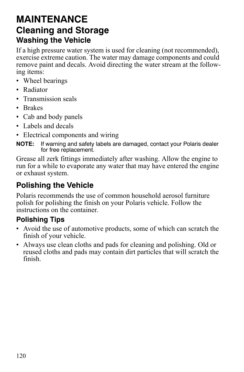 Maintenance, Cleaning and storage | Polaris Sportsman 9921848 User Manual | Page 121 / 142