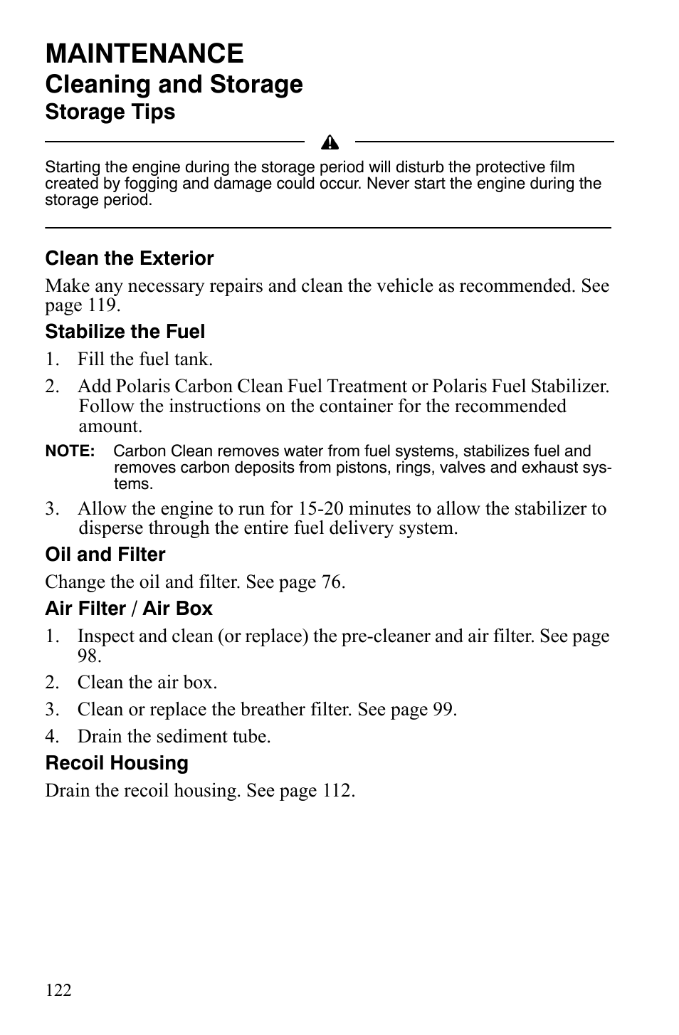 Maintenance, Cleaning and storage, Storage tips | Polaris Sportsman 9921848 User Manual | Page 123 / 142