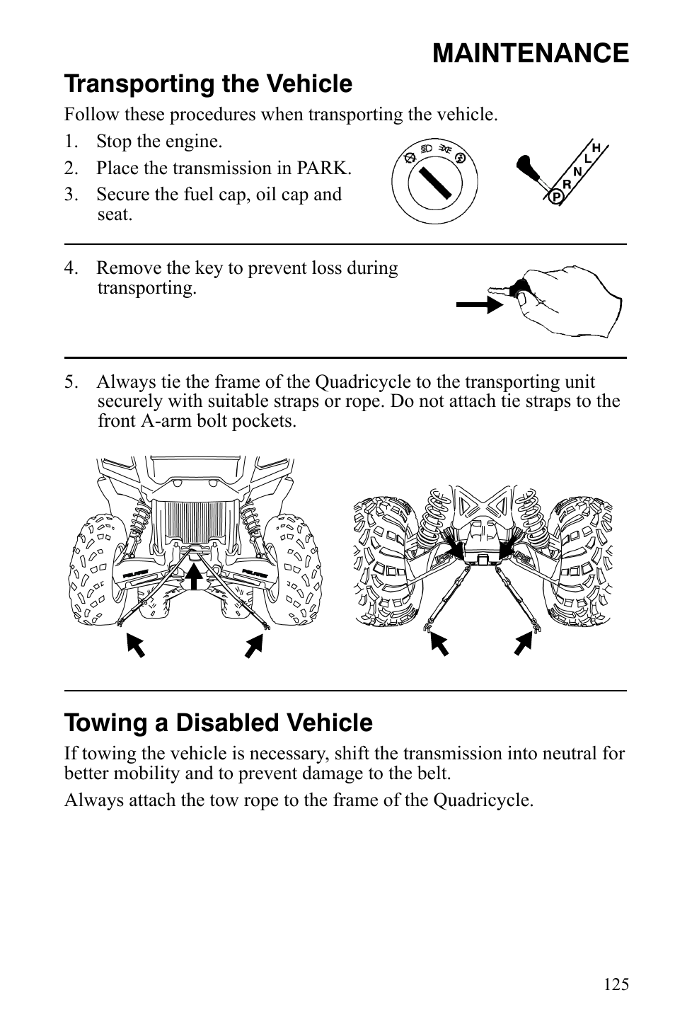 Maintenance, Transporting the vehicle, Towing a disabled vehicle | Polaris Sportsman 9921848 User Manual | Page 126 / 142