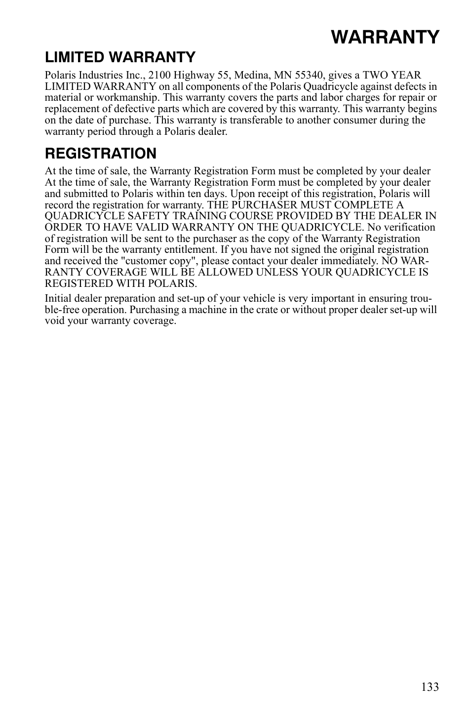 Warranty, Limited warranty, Registration | Polaris Sportsman 9921848 User Manual | Page 134 / 142