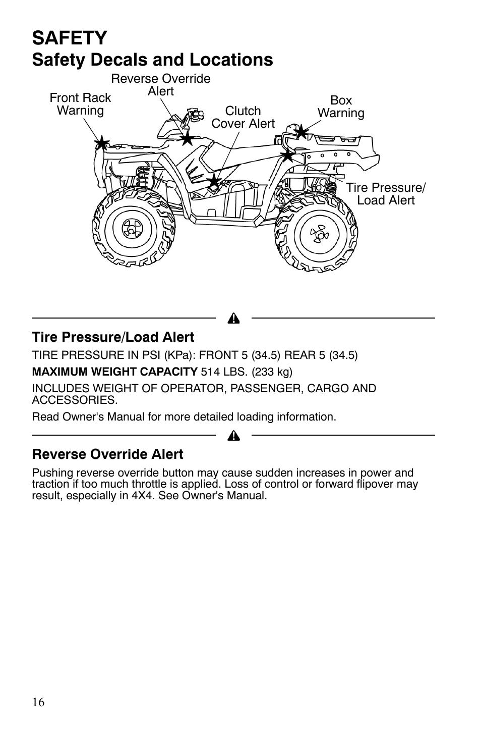 Safety, Safety decals and locations | Polaris Sportsman 9921848 User Manual | Page 17 / 142