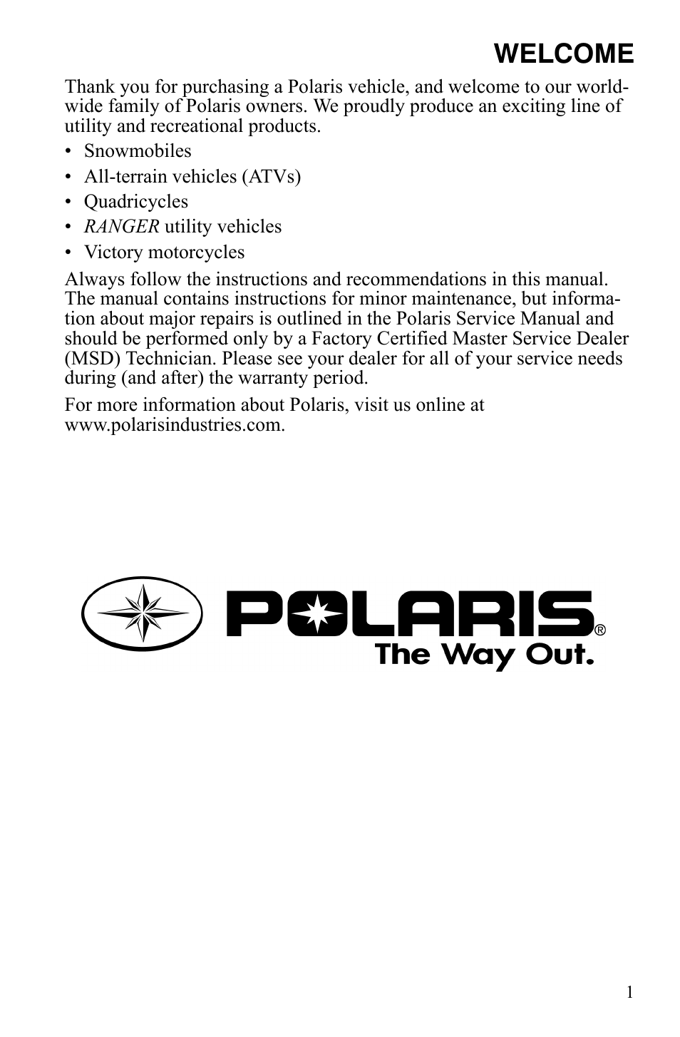 Welcome | Polaris Sportsman 9921848 User Manual | Page 2 / 142