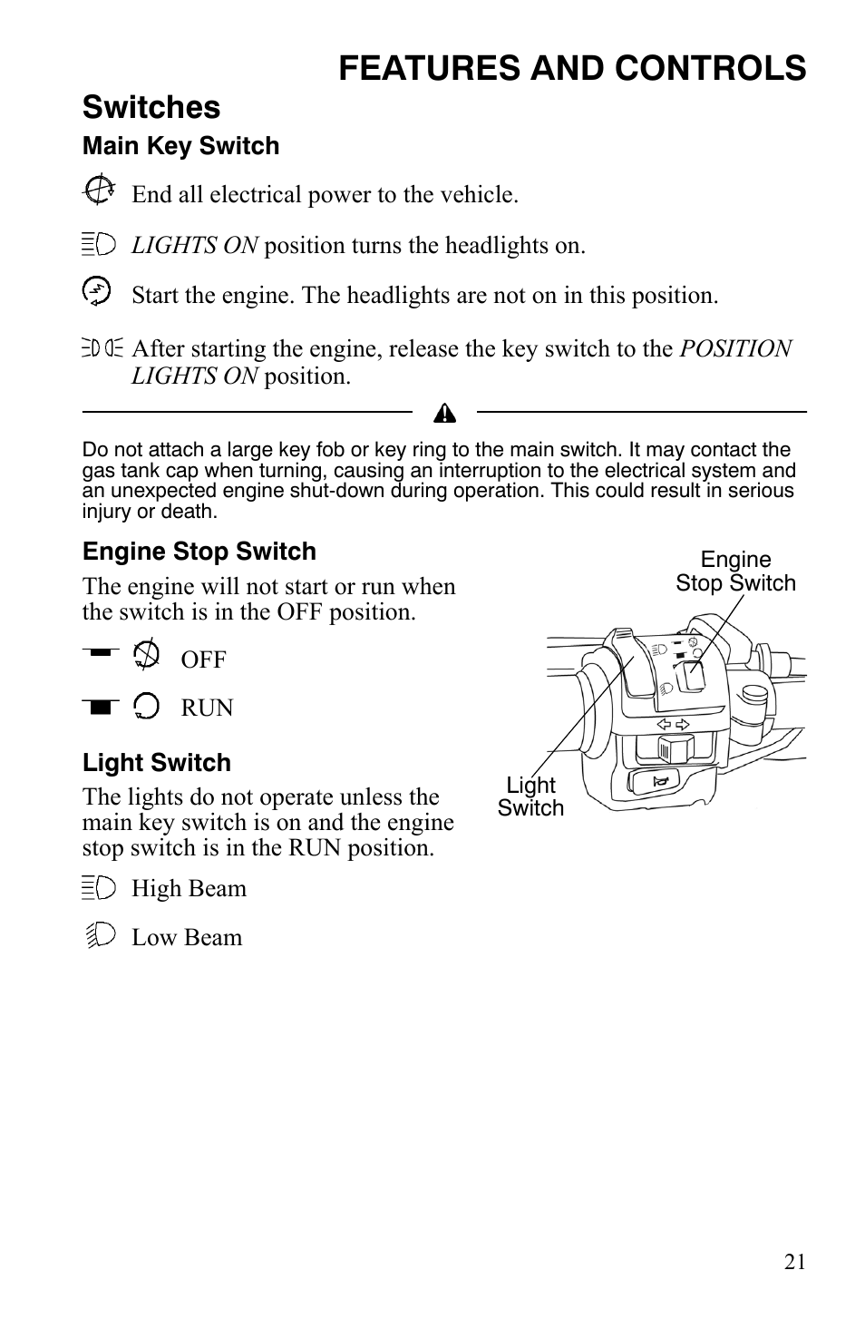 Features and controls, Switches | Polaris Sportsman 9921848 User Manual | Page 22 / 142